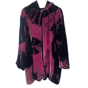 Vtg JOAN MCGEE L XL Open Cardigan Hooded Cape Jacket Black Magenta Velvet Shiney